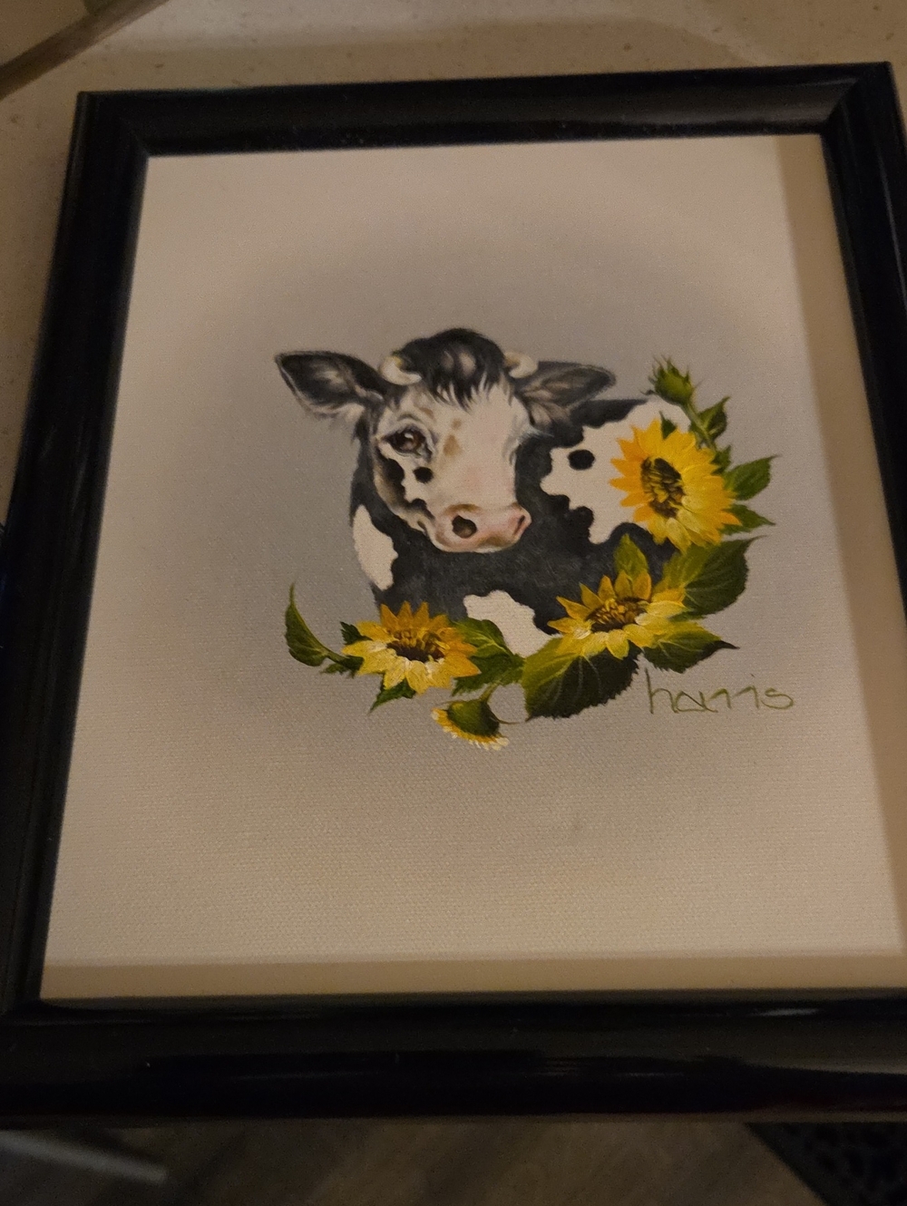 Framed Cow and Sunflower Art Print - Black Frame, Yellow Accents